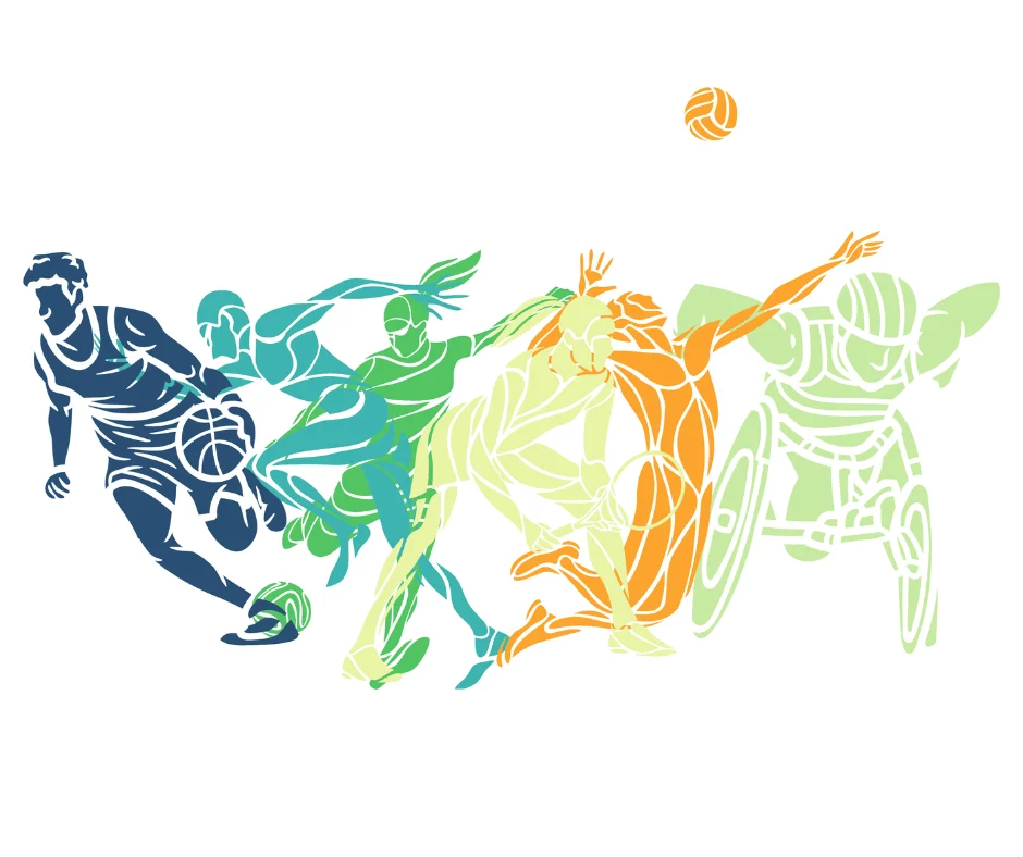 Bunte Illustration von Sportlerinnen und Sportlern in Bewegung