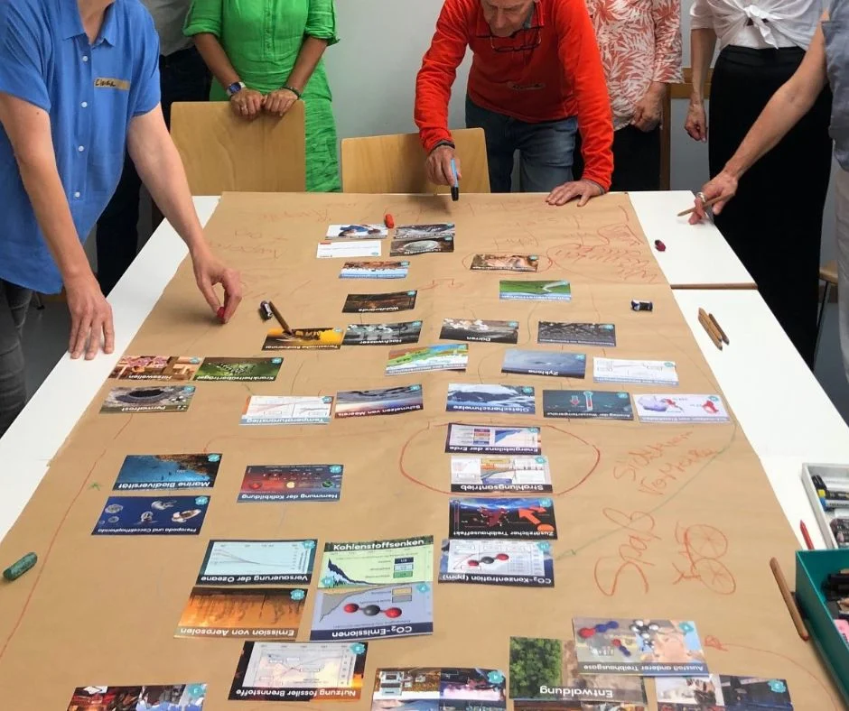 Menschen ordnen Bildkarten auf einem Tisch bei einem Workshop