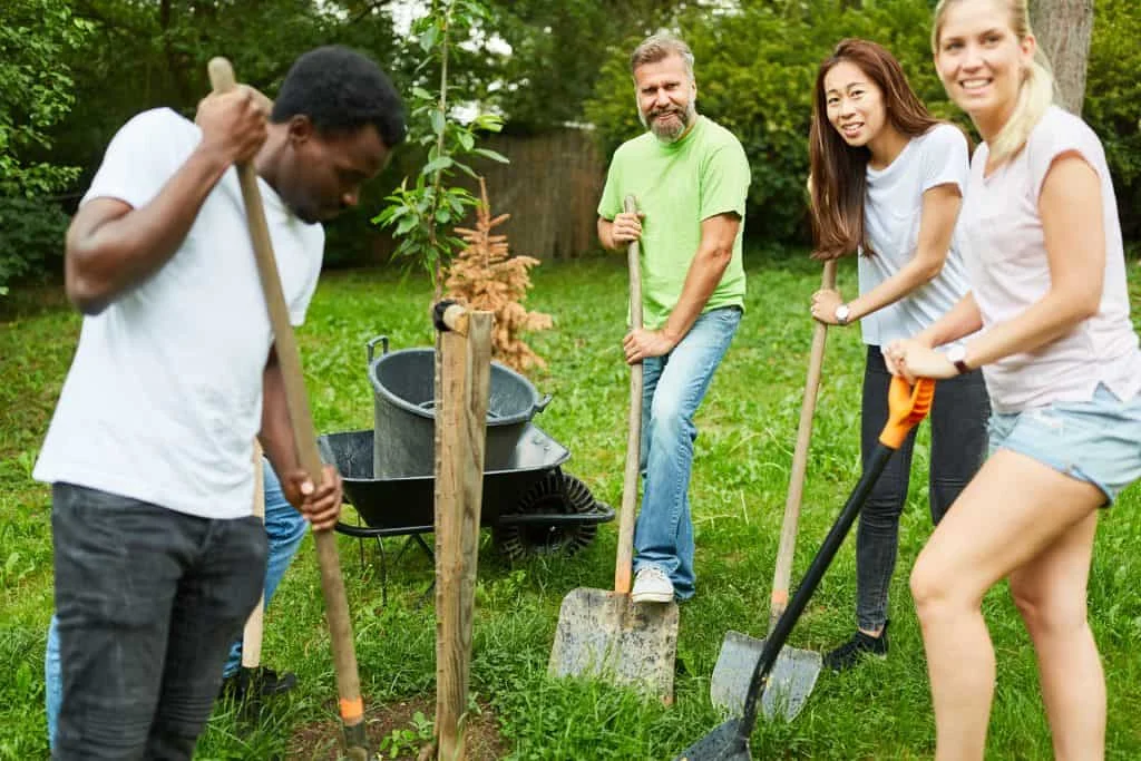 Menschen graben gemeinsam mit Spaten in einem Garten