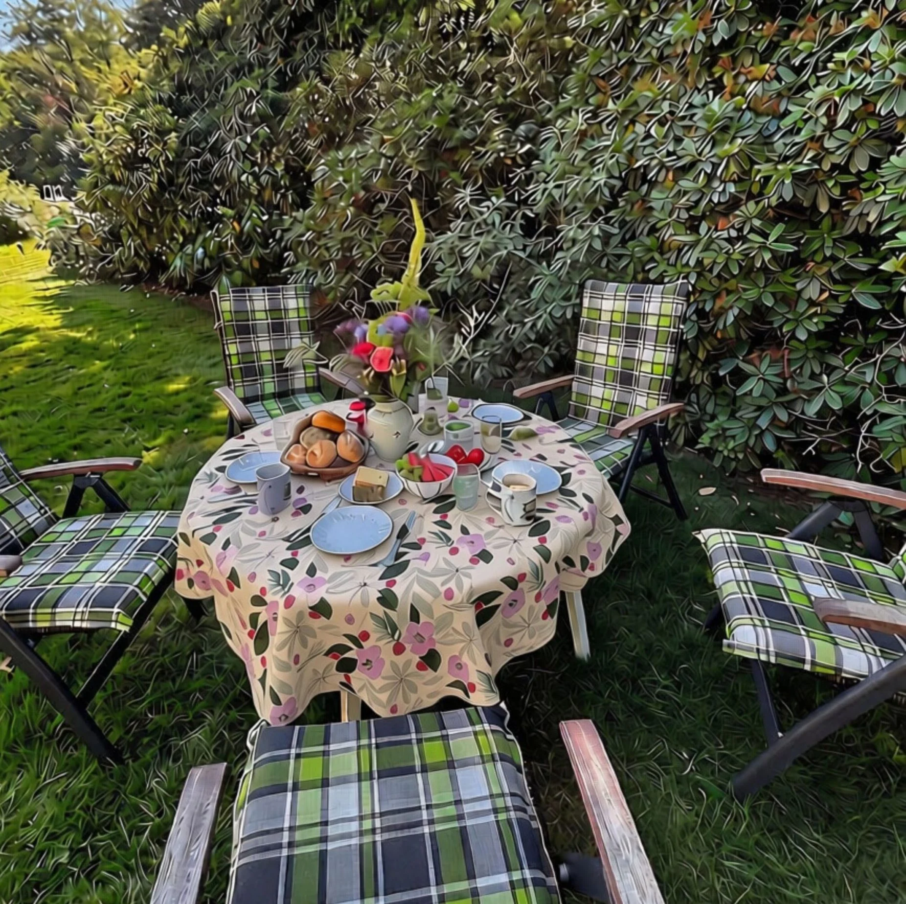 Gedeckter Tisch mit Geschirr und Sitzgelegenheiten im Garten
